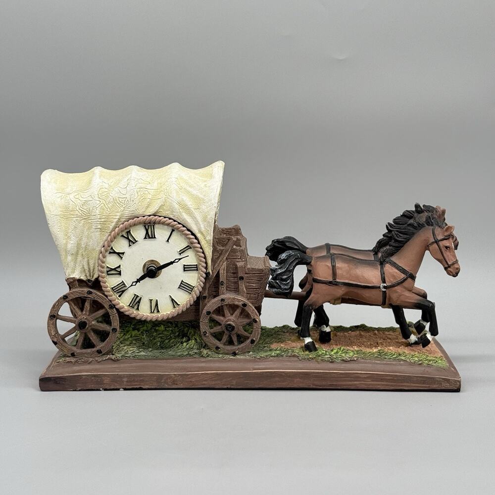 Resin Hand Painted Western Horse Drawn Wagon Mantle Desk Clock Decor Works